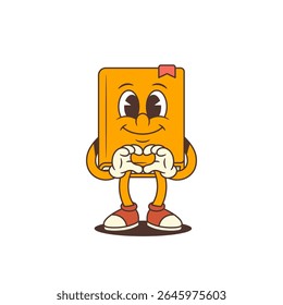 Yellow cartoon book character making heart gesture with hands and smiling in positive friendly expression. Ideal for themes of love, education, and kindness. Vector illustration