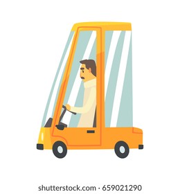 Yellow cartoon car with driver vector Illustration