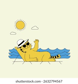 A yellow cartoon cat wearing sunglasses and a hat, relaxing on a beach with sun, clouds, and waves.
