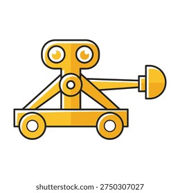 Yellow cartoon catapult launching object on wheels with two eyes