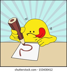 yellow cartoon character with a red pencil drawing on paper