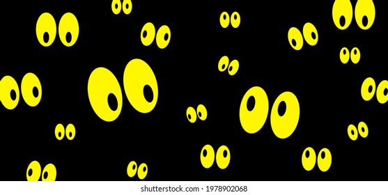 Yellow cartoon creepy spooky eyes in the darkness. Eyes for Halloween party. Flat vector monster, spook pictogram. Eyes sparkle in the dark,