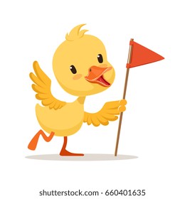 Yellow cartoon duckling holding red flag, cute emoji vector Illustration