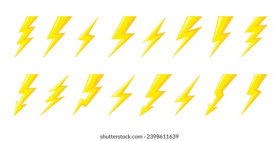 Yellow cartoon electric lightning comic sign. Flash light thunderbolt flat symbol. Energy power charge concept. Danger voltage weather climate storm pictogram. Strength magic thunder bolt icon set