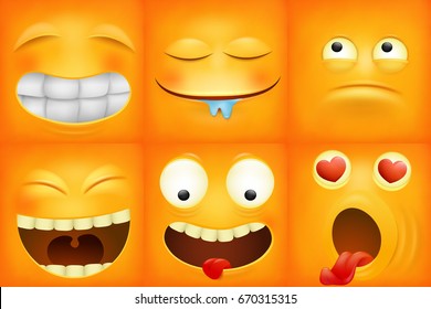 Yellow cartoon emoticon square icons set. Vector illustration