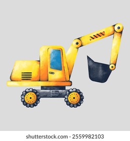 Yellow cartoon excavator. Side view. Watercolor vector illustration