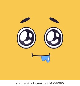 Yellow cartoon face drooling while showing desire and looking surprised, with big eyes, small mouth and a drop of saliva, on a yellow background