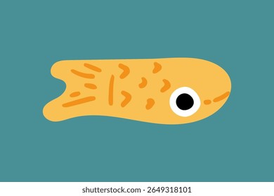 Yellow Cartoon Fish Illustration. Flat cartoon illustration of a yellow fish with big eye and simple fins. Bright color palette, side view, centered on blue background.