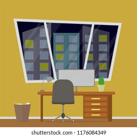 Yellow Cartoon Flat Room Interior With Window