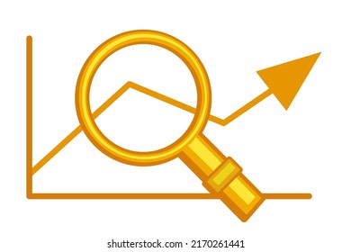 Yellow cartoon graph analyze concept on white background. Chart dinamic in magnifying glass. Vector illustration for poster, leaflet, web site or application decor.