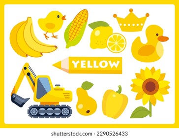 Yellow cartoon illustration for learning colors. Cute yellow objects set for kids: banana, chicken, corn, duck, lemon, crown, excavator, pear, pepper, sunflower.