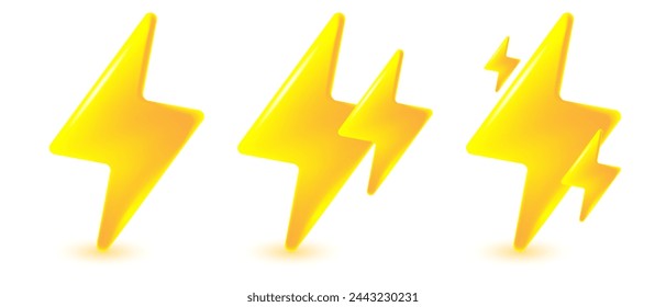 Yellow cartoon lightnings. Thunderbolt icon set. Vector illustration isolated on white background.