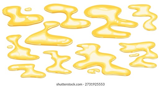 Coleção de salpicos líquidos de desenhos animados amarelos com manchas de fluido ondulado e formas de poça lúdicas. Conjunto de vetor aquoso plano para fundos criativos quadros gráficos splat e acentos de design divertidos