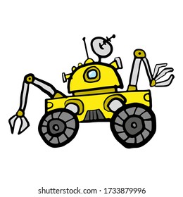 Yellow cartoon lunar rover icon. Side view. Colored outline silhouette. Hand drawn vector graphic illustration. Isolated object on a white background. Isolate.