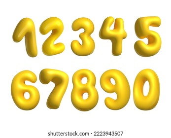 Yellow cartoon numbers from 0 to 9. Voluminous comic numbers. Bubble style font. Realistic 3d design. vector illustration