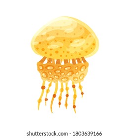 Yellow cartoon ocean dweller vector flat illustration. Colorful sea jelly creature with tentacles isolated on white background. Bright exotic wild underwater character decorated with design elements