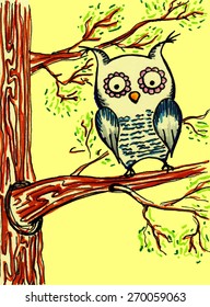 Yellow cartoon owl on the tree branches 