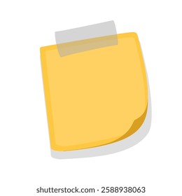 Yellow cartoon paper sticker on adhesive tape. Square empty memo label with corner curl to remember message and notice notes. Stationery, office mascot, cartoon cute blank page vector illustration