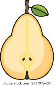 Eine gelbe Cartoonbirne mit einem Blatt, das noch befestigt ist, in zwei Hälften geschnitten.