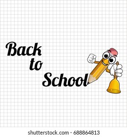 Yellow cartoon pencil with bell and text back to school.