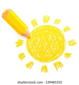 Yellow cartoon pencil with doodle sun