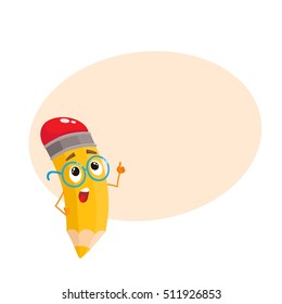 Yellow cartoon pencil in glasses telling something clever and pointing finger up, vector illustration isolatedon beige background for the text. Humanized funny pencil teacher in large nerdy glasses