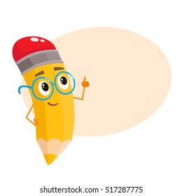 Yellow cartoon pencil in glasses telling something clever and pointing finger up, vector illustration isolated on beige background for the text. Humanized funny pencil teacher in large nerdy glasses