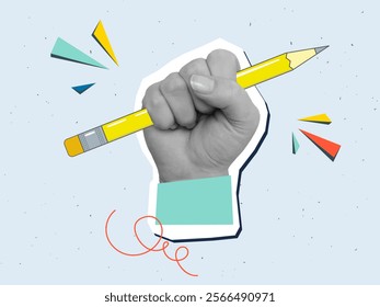 Yellow cartoon pencil held in raised hand - creativity concept. Modern photo collage style. Vector illustration