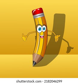 Yellow cartoon pencil says something smart, vector illustration on a yellow background. Humanized funny pencil teacher.