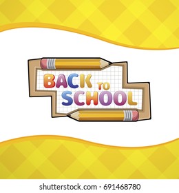 Yellow cartoon pencil. School board with text back to school.