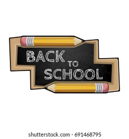Yellow cartoon pencil. School board with text back to school.