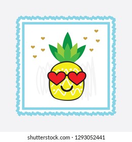 Yellow cartoon pineapple emoji face with red heart sunglasses and cool blue frame design element card