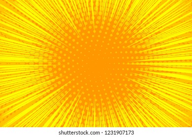 Yellow cartoon pop art retro background with exploding rays of lightning comic style. Cartoon banner with dots. Vector illustration