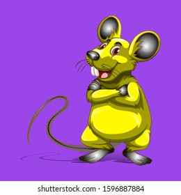 Yellow cartoon rat with arms crossed, Symbol of New Year 2020, on purple background, vector