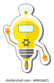 Yellow Cartoon Robot Character In Lightbulb Form On Wheel. Isolated vector robot sticker.
