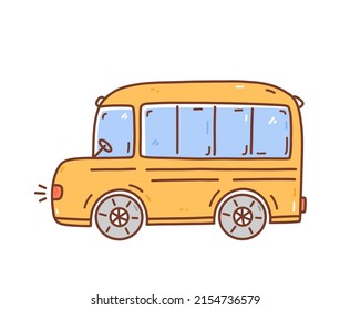 Yellow cartoon school bus isolated on white background. Vector hand-drawn illustration in doodle style. Perfect for cards, decorations, logo, various designs.