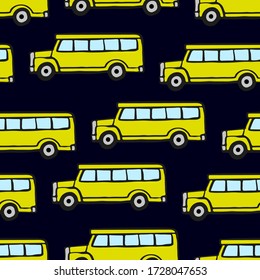 Yellow cartoon school buses isolated on dark blue background. Side view. Beautiful childish seamless pattern. Hand drawn vector graphic illustration. Texture.