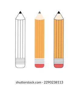 Yellow cartoon simple pencil set. Pencil icons with pink eraser isolated on white background. Outline pencil for education, work, drawing, writing. Cute hand drawn vector illustration in flat style.