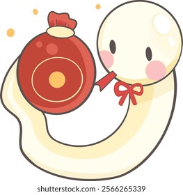 Yellow cartoon snake holding a red money bag