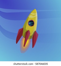 Yellow cartoon space rocket in blue sky.Vector illustration