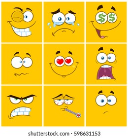 Yellow Cartoon Square Emoticons With Expression Set 1. Vector Collection Isolated On White