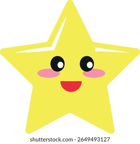 Estrela amarela do desenho animado com um rosto feliz, olhos grandes, bochechas cor-de-rosa e uma ponta brilhante em um ponto, retratada em um estilo lúdico e minimalista em um fundo claro.