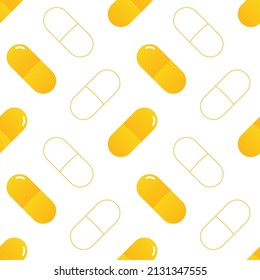 Yellow cartoon style pills, medications vector seamless pattern background for healthcare design.