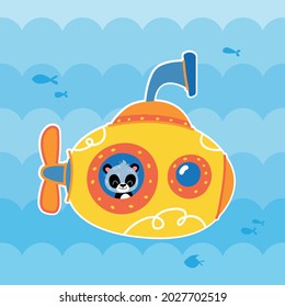 Yellow cartoon submarine on the background of the blue sea, in which the panda bear looks out the window. Cute vector illustration. Sea transport with an animal inside. Print design, logo, sticker.