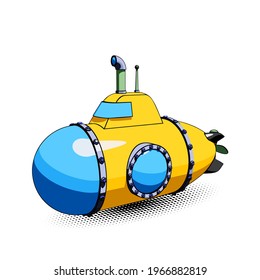 Yellow cartoon submarine with periscope and large portholes. Vector illustration isolated on a white background with halftone shadow
