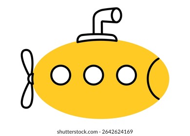 Submarino de desenho animado amarelo com estilo de desenho de linha simples e detalhe periscópio. Imagem de clipart isolada no plano de fundo.