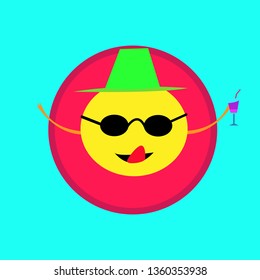 yellow cartoon sun lying in a rubber circle on the water holding a cocktail in hand top view concept of summer season and rest