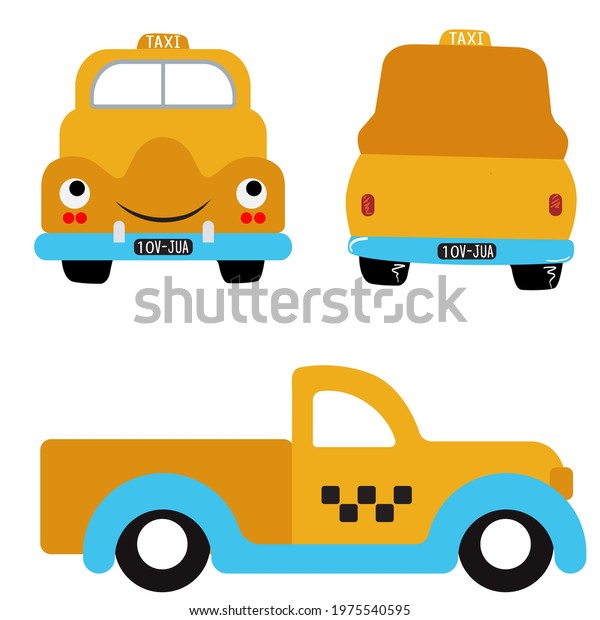 Yellow\
cartoon taxi truck car, vector\
illustration