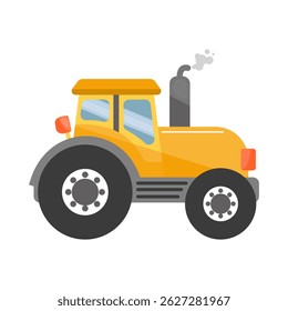 Yellow cartoon tractor with smoke from exhaust. Farm vehicle vector illustration.