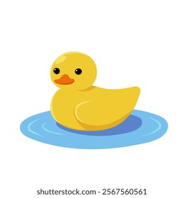 Yellow cartoon vector baby duck swimming in an oval lake. A bird swims in the water